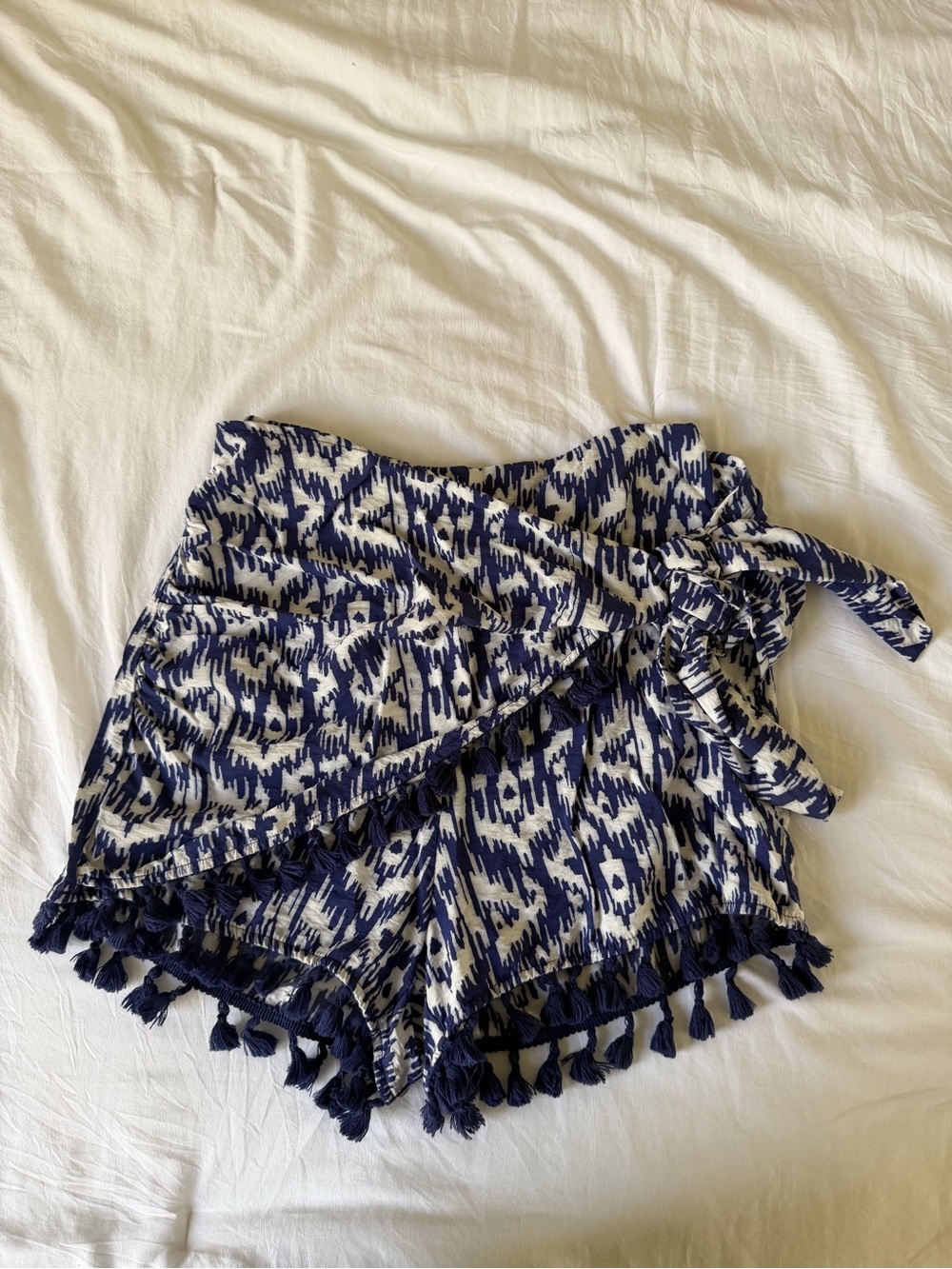 Zara Navy and White Ikat Tassel Wrap Skort